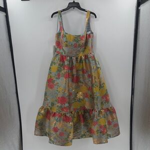 Mac Duggal 11824 Scoop Neck Tiered Brocade Midi Dress - Turquoise Multi 8 NWT